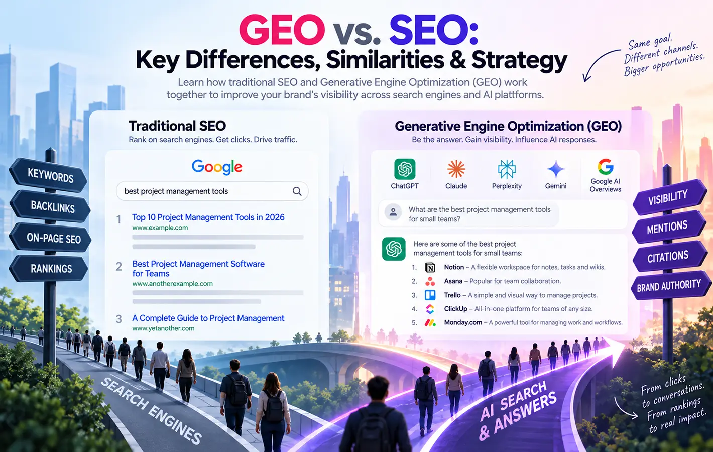 Split illustration comparing traditional SEO, shown as a Google results page for project management tools, with Generative Engine Optimization, shown as an AI assistant answering the same question, as people walk two paths labeled search engines and AI search & answers.