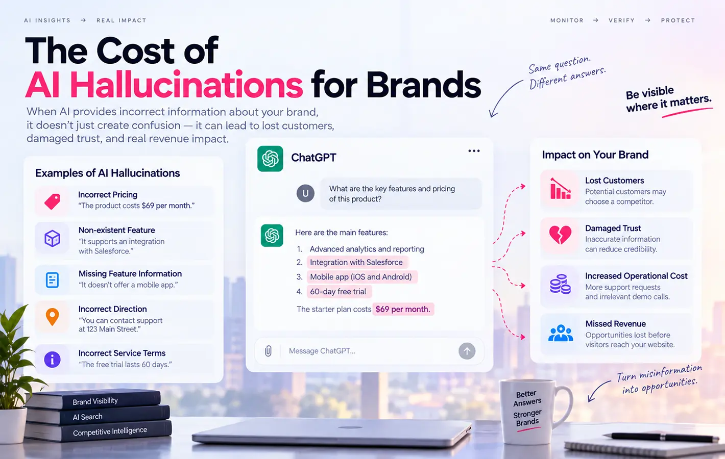 A ChatGPT conversation showing incorrect pricing and feature claims about a product, next to a panel listing the resulting impact on a brand: lost customers, damaged trust, increased operational cost, and missed revenue.